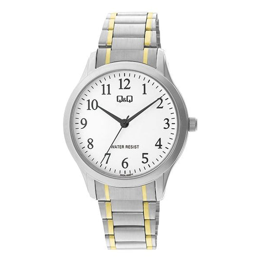 Q&Q Mod. GENT ONLY TIME wristwatch with stainless steel bracelet, 40mm metal case, quartz movement, and water resistance.