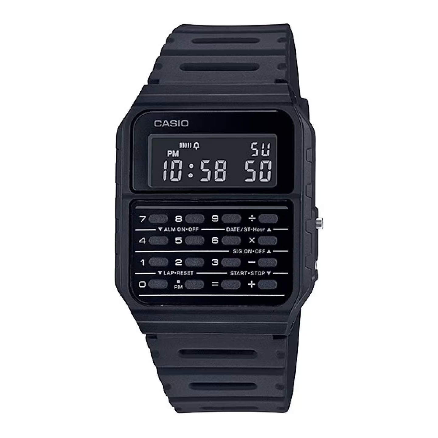 CASIO VINTAGE Mod. CALCULATOR EDGY COLLECTION - FULL BLACK unisex multifunction quartz wristwatch with resin strap and mineral dial.