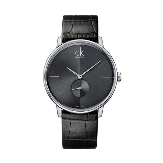 CALVIN KLEIN Mod. ACCENT wristwatch with a 41mm stainless steel case, leather strap, and quartz movement in a Swiss-made official box.