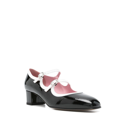 CAREL PARIS With Heel Black pumps with double buckle, patent leather and rubber sole, low block heel, branded insole, narrow fit.