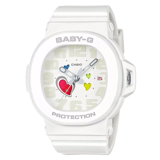 CASIO BABY-G Mod. PLAYFUL HEART SERIES - WHITE watch with resin case and strap, 10 ATM water resistance, quartz movement, and heart design.