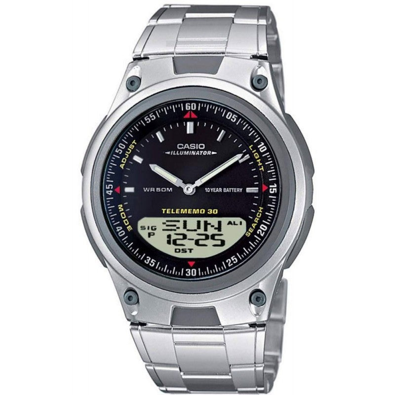 CASIO CLASSIC Mod. ILLUMINATOR TELEMEMO 3D wristwatch with resin case and SS bracelet, quartz movement, and multifunction display.