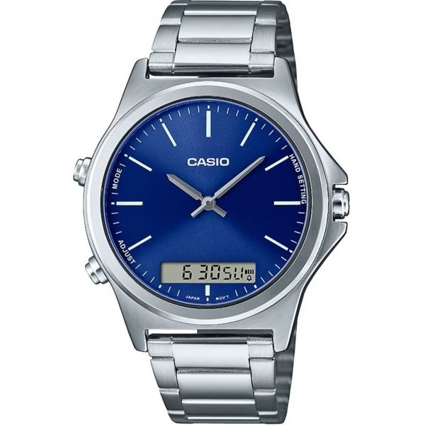 CASIO COLLECTION Mod. ANA-DIGIT ALARM - BLUE wristwatch with stainless steel case and bracelet, quartz movement, day & date functions.