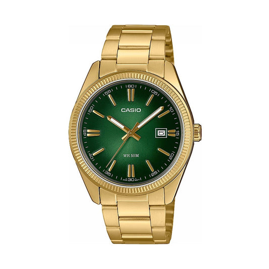 CASIO COLLECTION Mod. DATE, GOLD - GREEN wristwatch with water resistance, SS IP Gold case and strap, quartz movement for gents.