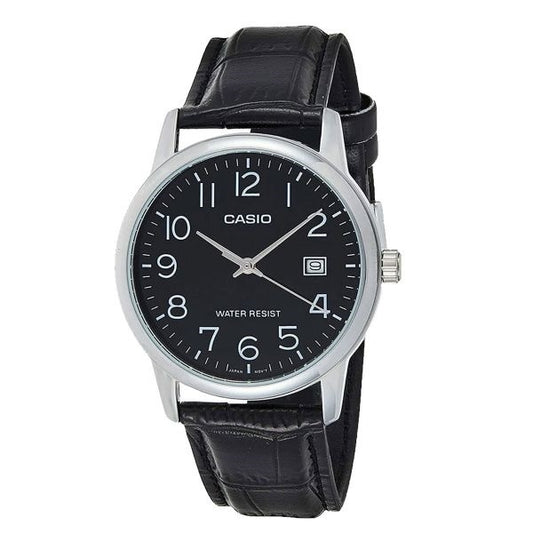 CASIO COLLECTION Mod. DATE. LEATHER - BLACK wristwatch with black dial, metal case, quartz movement, and leather strap in official box.