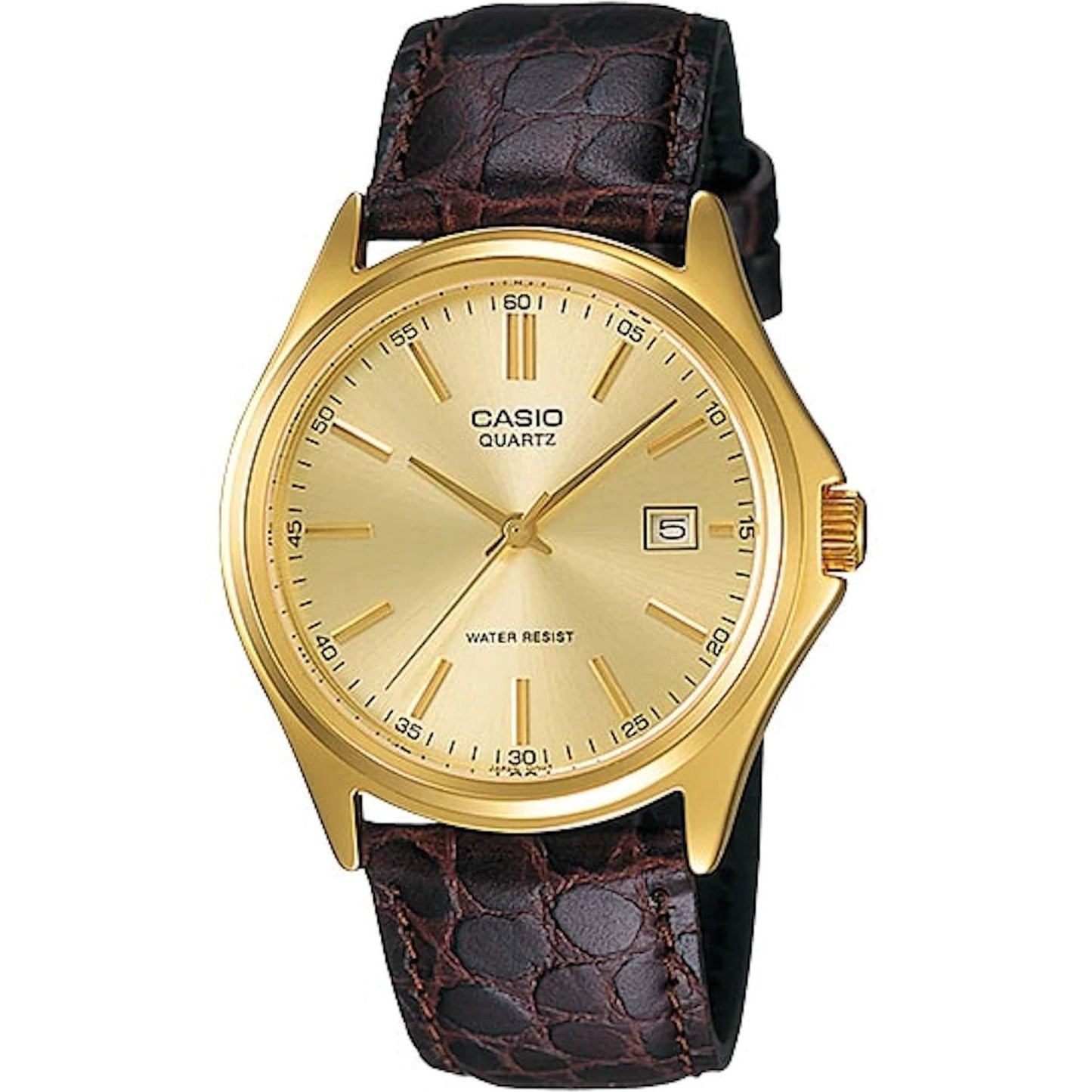 Alt Tag: CASIO COLLECTION Mod. DATE LEATHER - GOLD wristwatch with gold IP case, leather strap, and quartz movement, displaying 3 ATM water resistance.