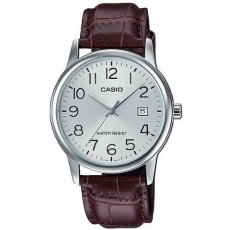 CASIO COLLECTION Mod. DATE. LEATHER - SILVER wristwatch with stainless steel case, leather strap, quartz movement, and official packaging.