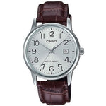 CASIO COLLECTION Mod. DATE. LEATHER - SILVER wristwatch with stainless steel case, leather strap, quartz movement, and official packaging.