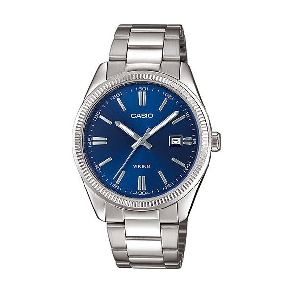 CASIO COLLECTION Mod. DATE - NAVY BLUE wristwatch with stainless steel strap, blue dial, and 5 ATM water resistance.