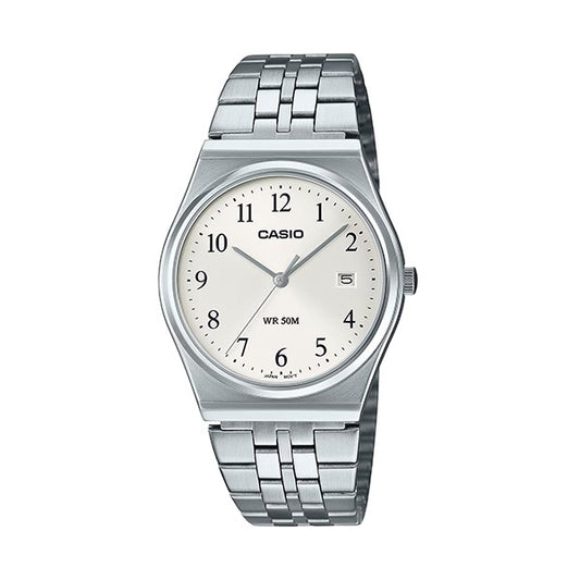 CASIO COLLECTION Mod. DATE - SILVER wristwatch with 5 ATM water resistance, 35mm stainless steel case and quartz movement.