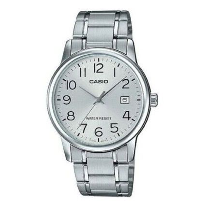 Alt Tag: CASIO COLLECTION Mod. DATE STEEL - SILVER wristwatch with stainless steel bracelet and quartz movement, water resistant 3 ATM.