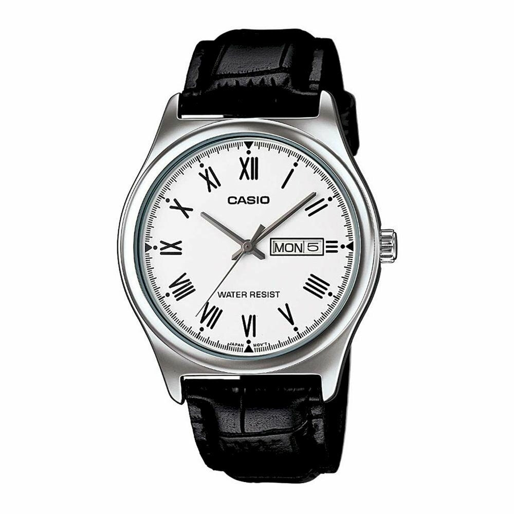 CASIO COLLECTION Mod. DAY DATE ROMANS. LEATHER - WHITE wristwatch with black leather strap, metal case, and day-date feature.