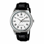 CASIO COLLECTION Mod. DAY DATE ROMANS. LEATHER - WHITE wristwatch with black leather strap, metal case, and day-date feature.