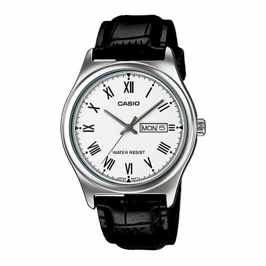 CASIO COLLECTION Mod. DAY DATE ROMANS. LEATHER - WHITE wristwatch with black leather strap, metal case, and day-date feature.