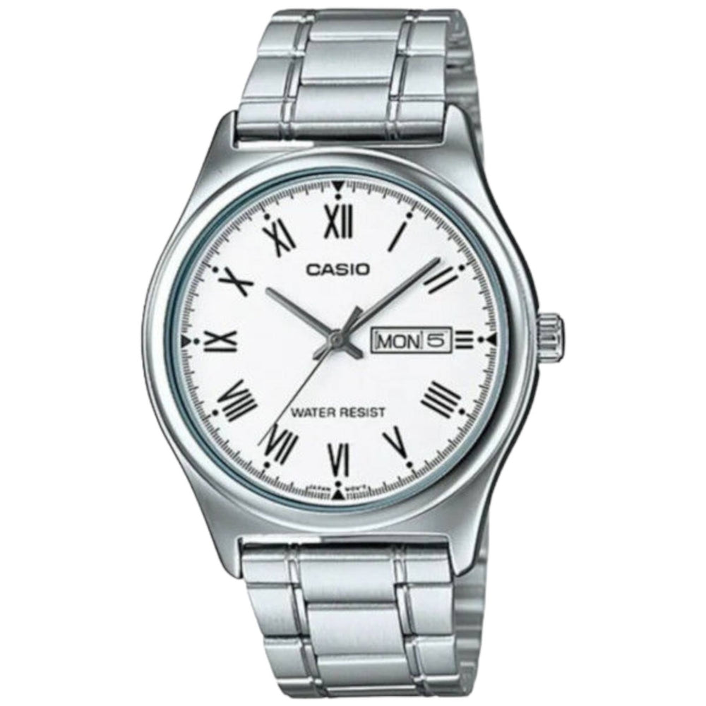 CASIO COLLECTION Mod. DAY DATE - WHITE wristwatch with metal strap, water-resistant 3 ATM, quartz movement, day and date function.