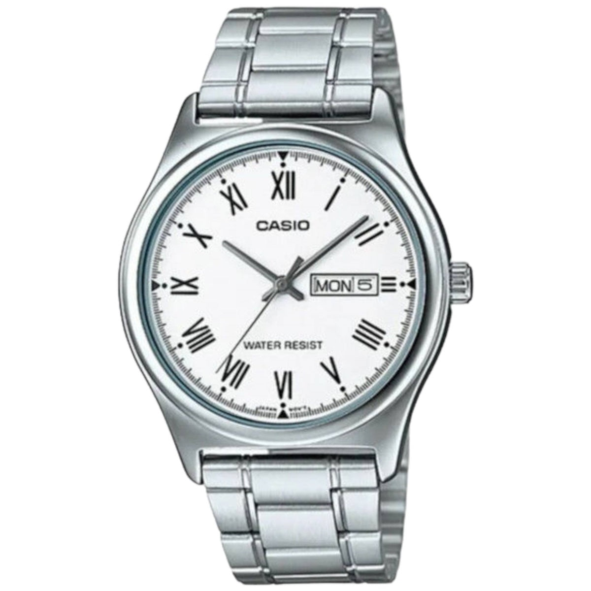 CASIO COLLECTION Mod. DAY DATE - WHITE wristwatch with metal strap, water-resistant 3 ATM, quartz movement, day and date function.