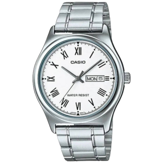 CASIO COLLECTION Mod. DAY DATE - WHITE wristwatch with metal strap, water-resistant 3 ATM, quartz movement, day and date function.