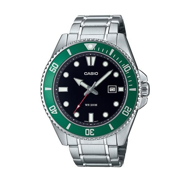 CASIO COLLECTION Mod. DIVER DATE 200M - BLACK wristwatch with stainless steel case and strap, 20 ATM water resistance, 44 mm size.