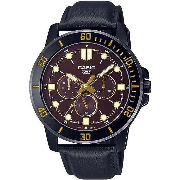 CASIO COLLECTION Mod. DIVER MULTIFUCTION BLACK - BROWN, 45mm stainless steel case, leather strap, water resistant wristwatch.