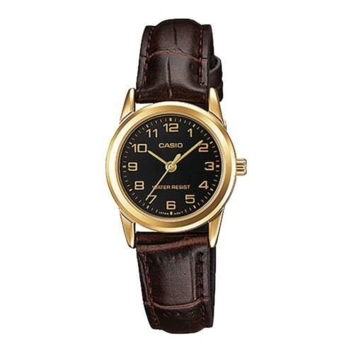 CASIO COLLECTION Mod. LADY 3H GOLD. LEATHER - BLACK wristwatch with black dial and gold case on leather strap.