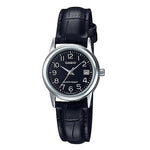 CASIO COLLECTION Mod. LADY DATE SILVER. LEATHER - BLACK wristwatch with 25mm stainless steel case and black leather strap, water resistant.
