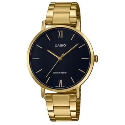 CASIO COLLECTION Mod. MINIMAL GOLD - BLACK wristwatch, gold stainless steel, 3 ATM water-resistant, black dial with gold case, official packaging