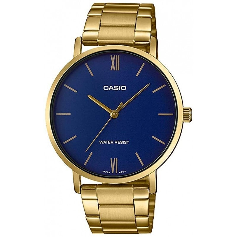 CASIO COLLECTION Mod. MINIMAL GOLD - BLUE wristwatch with gold stainless steel case and blue dial, featuring quartz movement.
