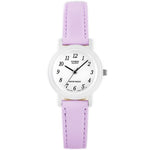 CASIO COLLECTION Mod. POP LADY. LEATHER - PASTEL VIOLET wristwatch with leather strap, resin case, quartz movement, and 3 ATM water resistance.
