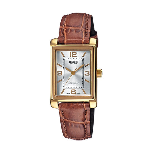 CASIO COLLECTION Mod. TANK. LEATHER - ARGENTEE ladies wristwatch with gold SS case, leather strap, quartz movement, 3 ATM water resistance.
