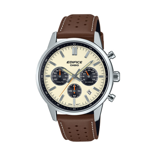 CASIO EDIFICE Mod. STANDARD CHRONOGRAPH - CHAMPAGNE watch with brown leather strap and champagne dial.