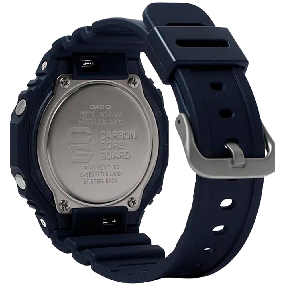 Back view of CASIO G-SHOCK Mod. OAK - ALL BLACK wristwatch featuring carbon core guard and resin strap.