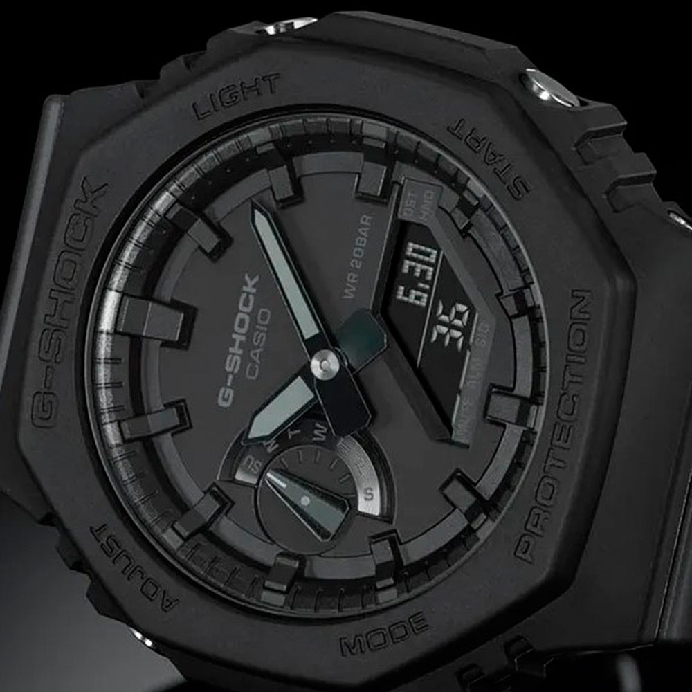 CASIO G-SHOCK Mod. OAK - ALL BLACK, 45.5mm carbon & resin case, 20 ATM water resistant, multifunction quartz wristwatch.