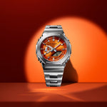 CASIO G-SHOCK Mod. OAK G-STEEL VIVID ORANGE wristwatch, 20 ATM water resistant, 44.5mm stainless steel, resin case, quartz movement.