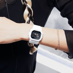 Person wearing CASIO G-SHOCK Mod. THE ORIGIN Small wristwatch with resin strap and digital display, 40.5 mm case.