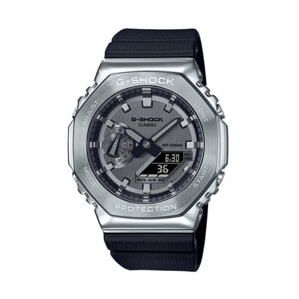 CASIO MOD. GM-2100-1AER stylish digital watch with a metallic bezel and black strap
