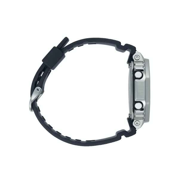 Side view of CASIO MOD. GM-2100-1AER watch with black strap and silver case
