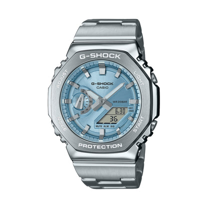 CASIO MOD. GM-2110D-2AER stainless steel watch with blue dial and digital display