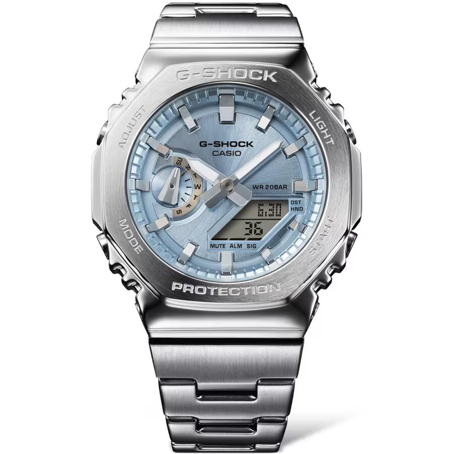 CASIO MOD. GM-2110D-2AER silver G-SHOCK watch with blue dial and stainless steel band.