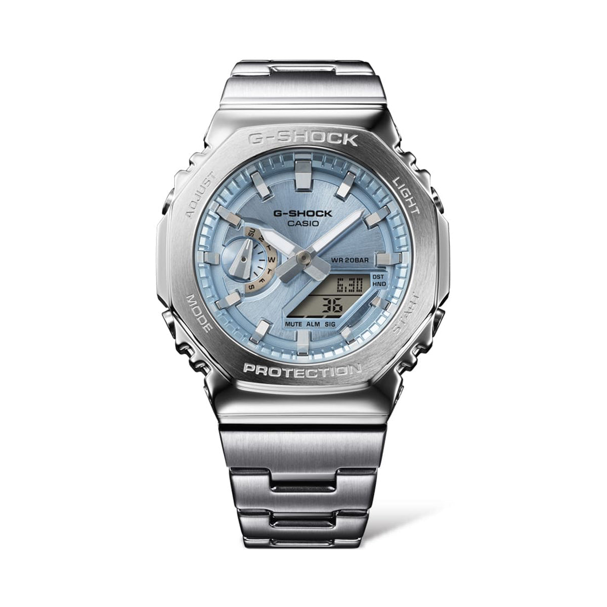 CASIO MOD. GM-2110D-2AER stainless steel watch with blue dial and digital display