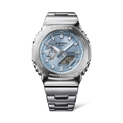 CASIO MOD. GM-2110D-2AER stainless steel watch with blue dial and digital display