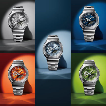 CASIO MOD. GM-2110D-2AER watches displayed in various styles and colors.
