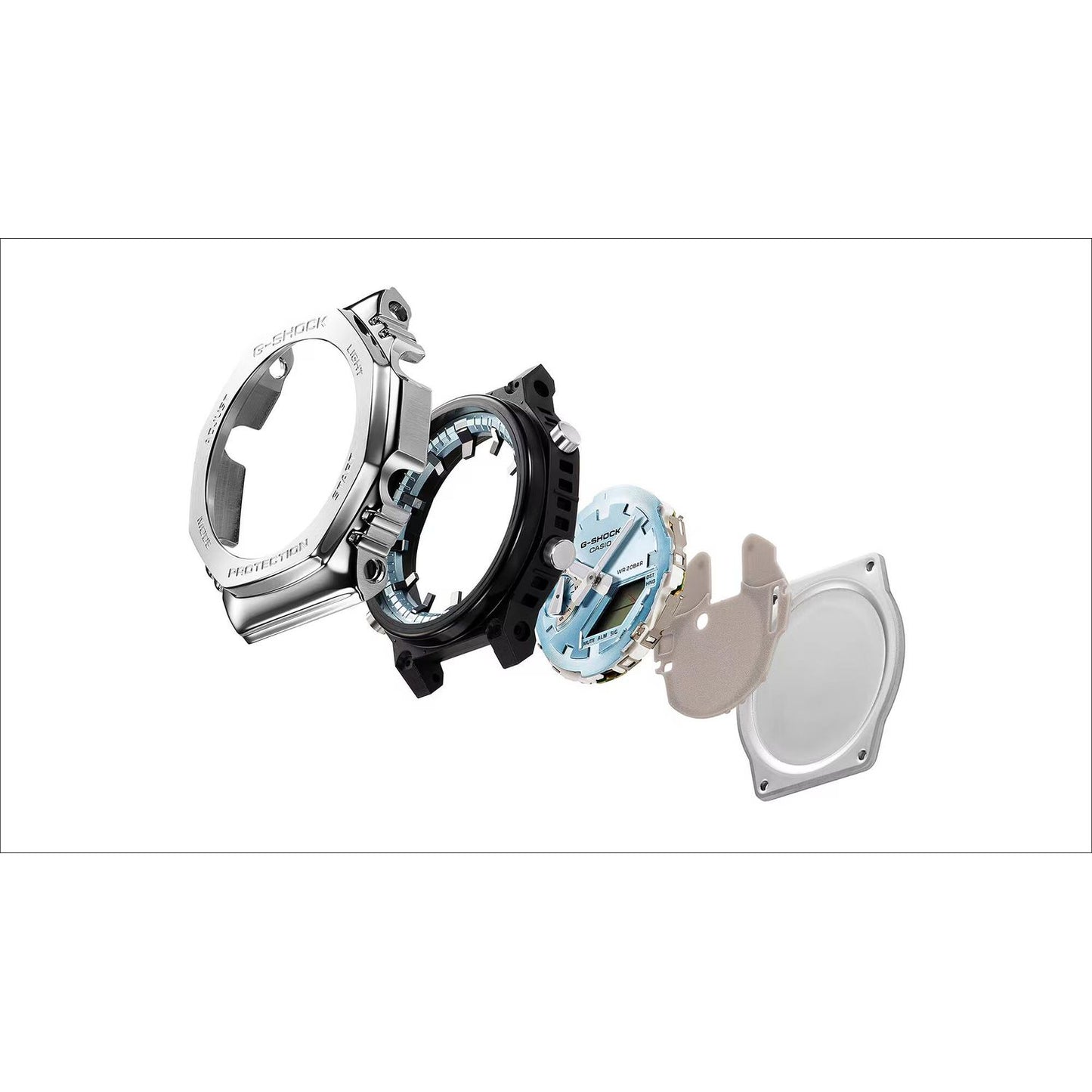 Exploded view of CASIO MOD. GM-2110D-2AER watch components showcasing design and craftsmanship.