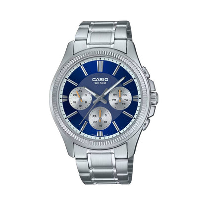 Alt Tag: CASIO Mod. DAY DATE MULTIFUNCTION - BLUE wristwatch, 5 ATM water resistant, stainless steel case and bracelet, quartz movement, official box.
