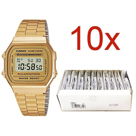 CASIO VINTAGE Mod. A168WG-9E **PACK 10 PCS** unisex metal quartz wristwatch with multifunctional dial and mineral casing.