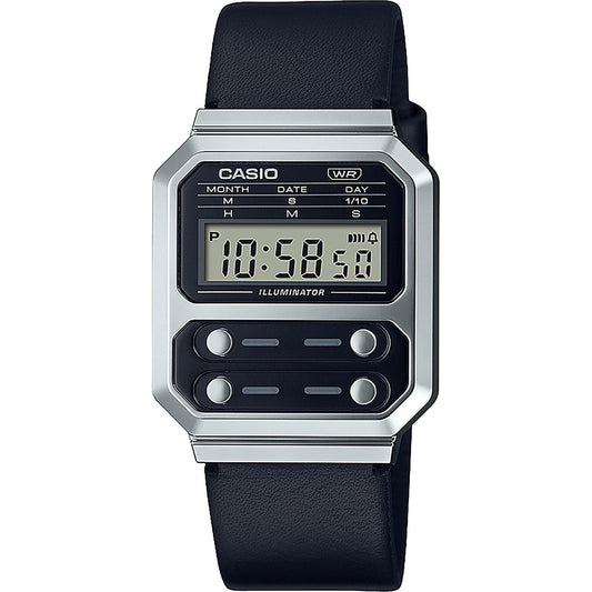 CASIO VINTAGE Mod. EDGY COLLECTION LEATHER - BLACK unisex quartz wristwatch with leather strap and multifunction display.