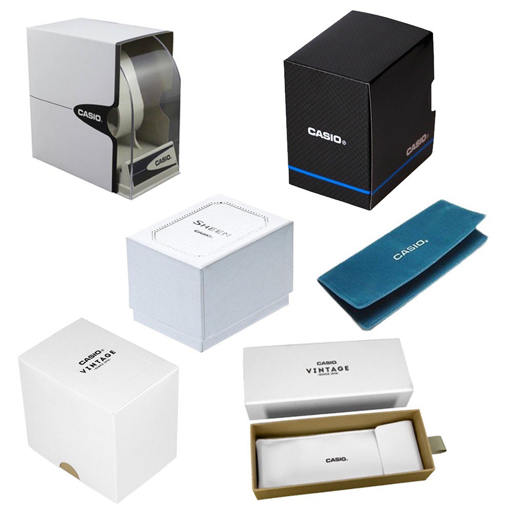 Packaging for CASIO VINTAGE Mod. ICONIC LADY GOLD BLACK wristwatch with official boxes displayed.
