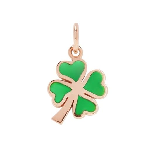 Charm shaped like a green four-leaf clover with gold outline, CHARMS DODO MOD. DMC3001FOURSEVE9R, for jewelry collection.