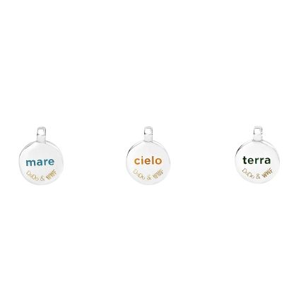 Three charms with inscriptions 'mare', 'cielo', and 'terra', representing Dodo & WME. CHARMS DODO MOD. DMC3007SPWWFEMXAG design.