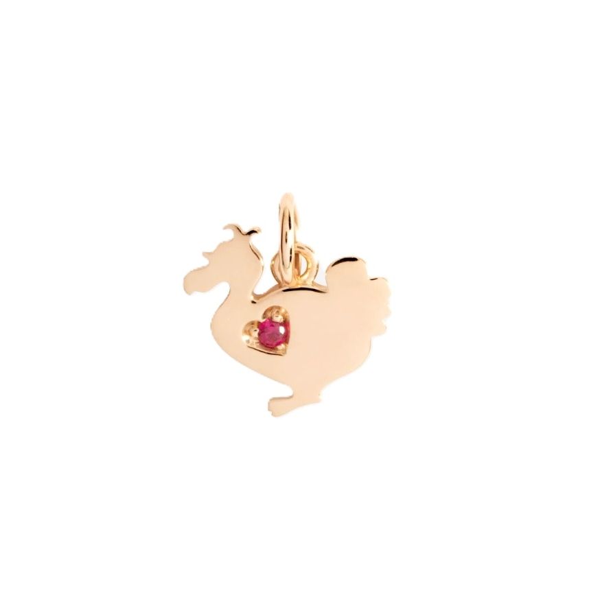 Gold pendant featuring CHARMS DODO MOD. DMC4016LAD30RY09R with a decorative ruby heart accent. Luxury jewelry accessory.