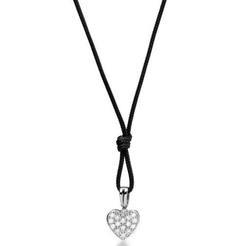 Heart-shaped pendant on black string, jewelry, sparkling design, elegant, charm accessory for ladies, close-up view.
